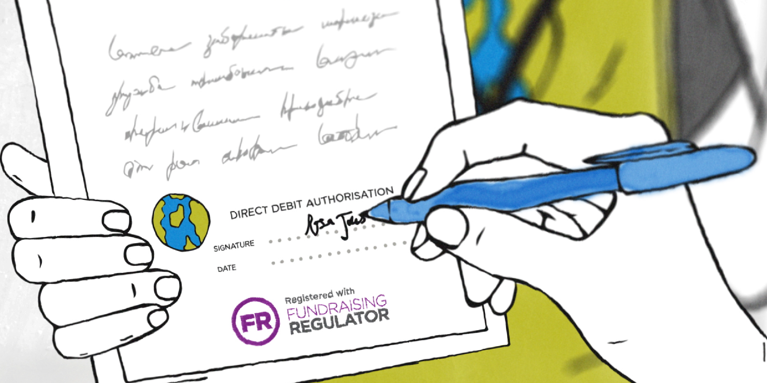 Image shows a person signing a form with the Fundraising Badge at the bottom