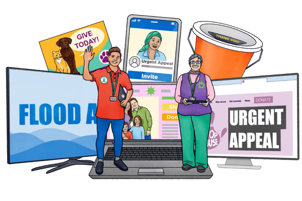 ways to donate to charities drawn in cartoon format, with two smiling figures in front of them