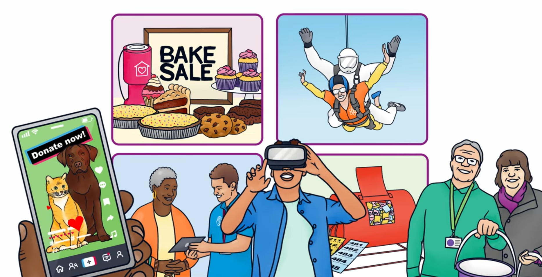 Cartoon depictions of different types of fundraising. A bake sale, sky diving, face to face, tombola, tiktok appea;s, and charity bucket collections