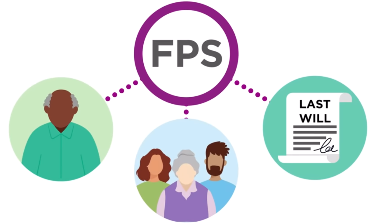 The FPS logo surrounded by cartoon depictions of an elderly man, an elderly woman and her two carers and a last will and testament 